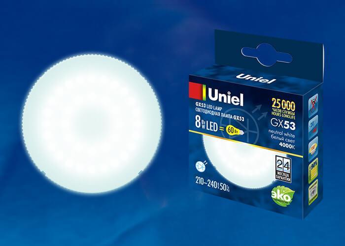 Лампа светодиодная (UL-00001671) Uniel GX53 8W 4000K матовая LED-GX53-8W/NW/GX53/FR PLZ01WH в #REGION_NAME_DECLINE_PP#