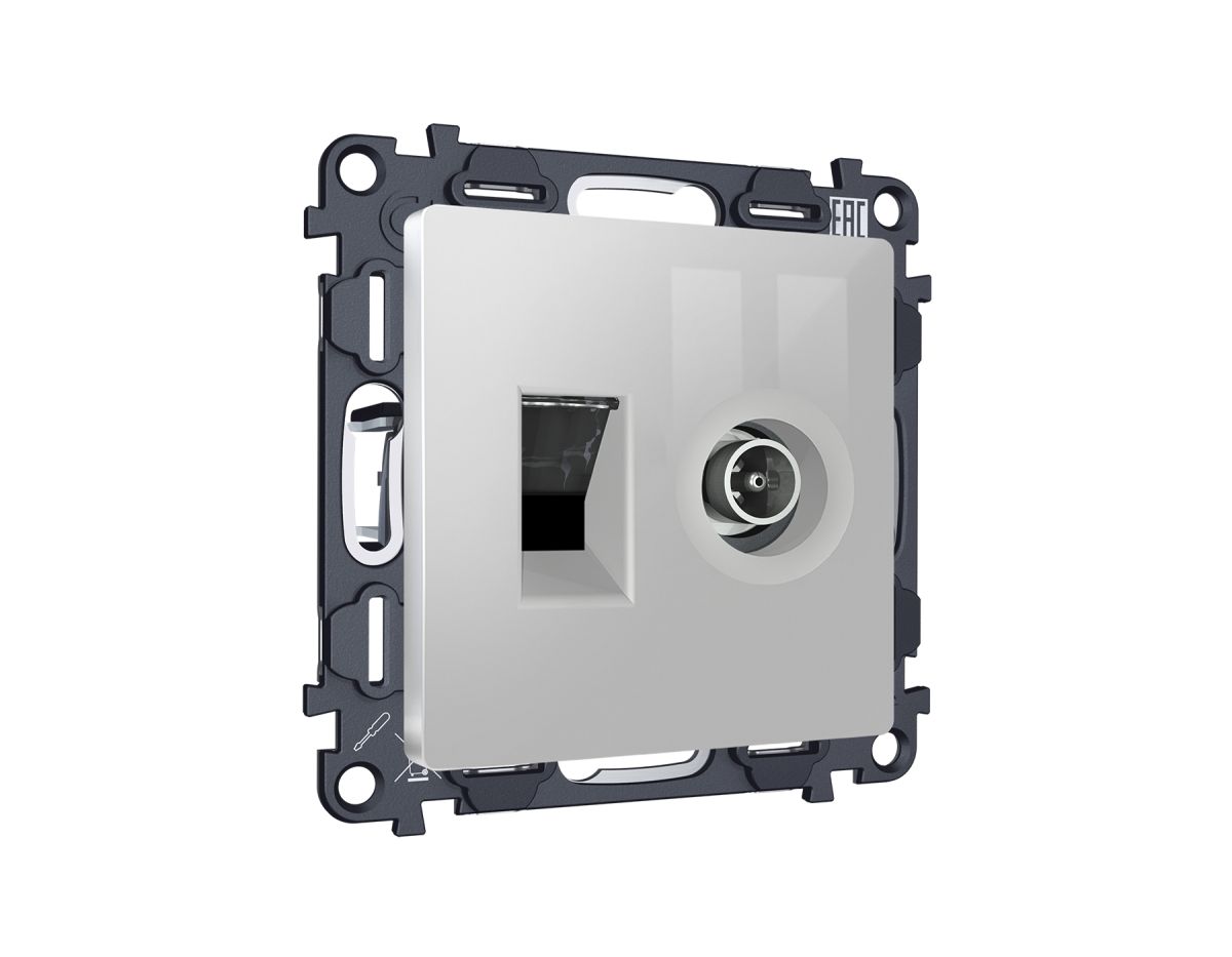 Комплект механизма розетки компьютерной + TV оконечной RJ-45 с автоматической защитной шторкой Alfa Серебро глянец Quant Ambrella Volt MA412510 (AP4125, VM195) в #REGION_NAME_DECLINE_PP#