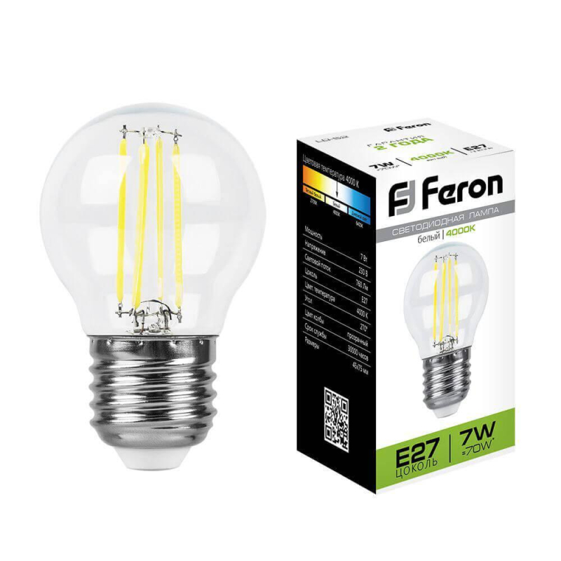 Лампа светодиодная филаментная Feron E27 7W 4000K Шар Прозрачная LB-52 25877 УЦ в Санкт-Петербурге