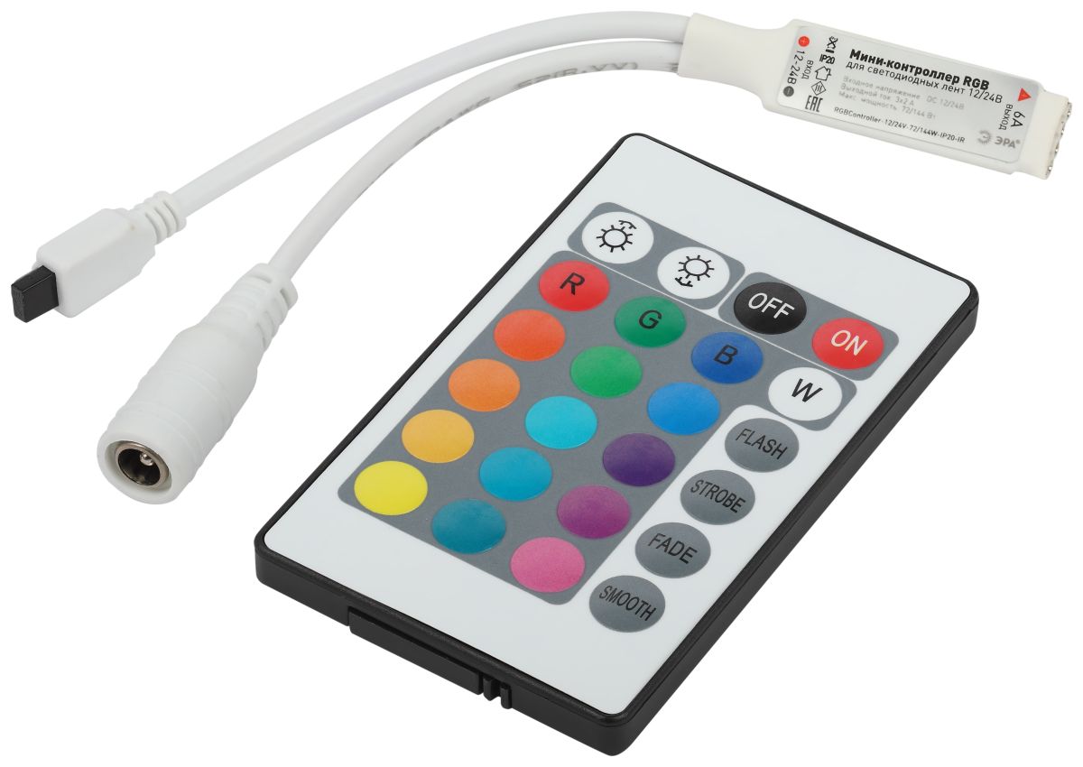 Контроллер Эра RGBController-12/24V-72/144W-IP20-IR мини для светодиодной ленты с ИК пультом Б0061110 в Санкт-Петербурге