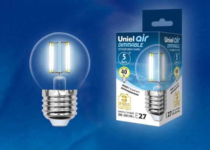 Лампа светодиодная филаментная (UL-00002871) Uniel E27 5W 4000K LED-G45-5W/NW/E27/CL/DIM GLA01TR в Санкт-Петербурге