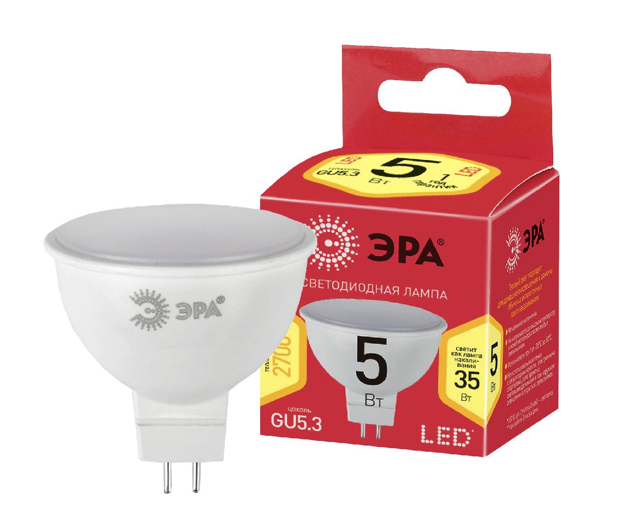 Лампа светодиодная Эра GU5.3 5W 2700K ECO LED MR16-5W-827-GU5.3 Б0019060 в Санкт-Петербурге