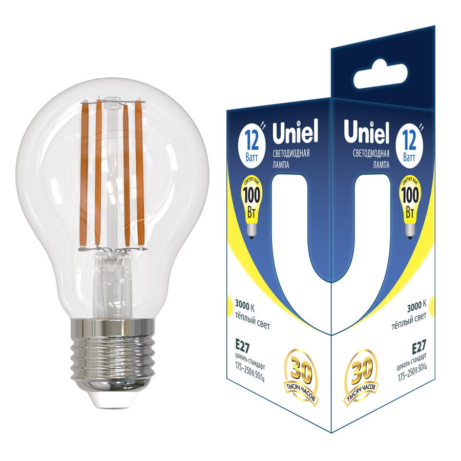Лампа светодиодная филаментная Uniel E27 12W 3000K груша прозрачная LED-A60-12W/3000K/E27/CL GLA03TR UL-00006845 в Санкт-Петербурге