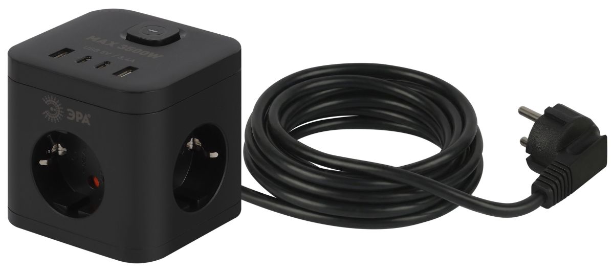 Сетевой фильтр ЭРА CUBE-3es-1,5m-4USB-B куб с заземлением с выключателем 3 розетки+4xUSBA+C 1,5м 16А черный Б0069074 в Санкт-Петербурге