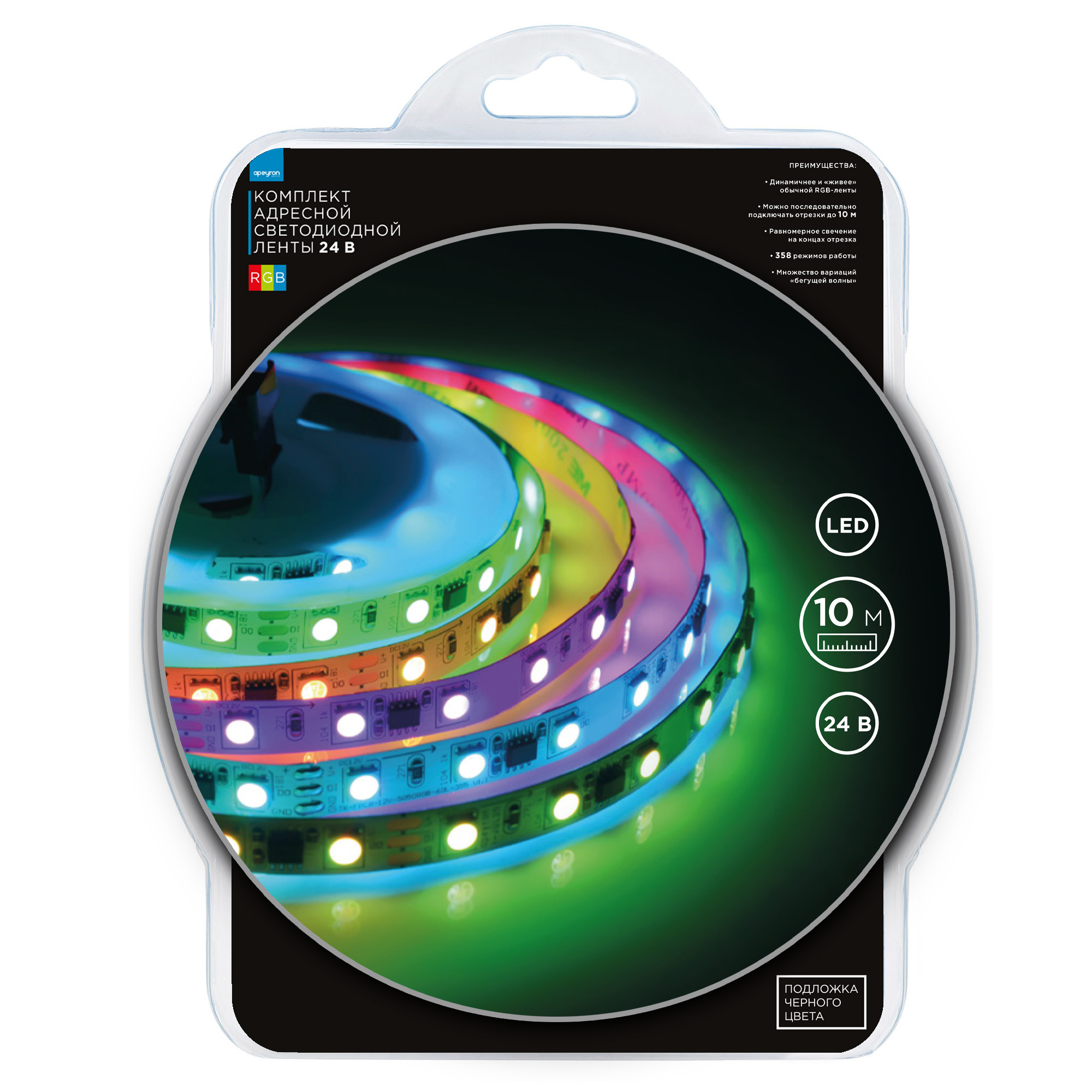 Комплект адресной светодиодной ленты Apeyron 24В 14,4Вт/м smd5050 60д/м IP20 10м RGB (адаптер питания, контроллер) 10-101 в #REGION_NAME_DECLINE_PP#