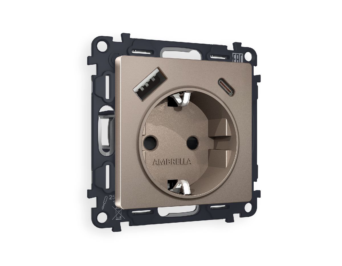 Комплект механизма розетки 2USB A+C 20W (быстрая зарядка) с/з Ambrella Volt Alfa MA640010 в Санкт-Петербурге