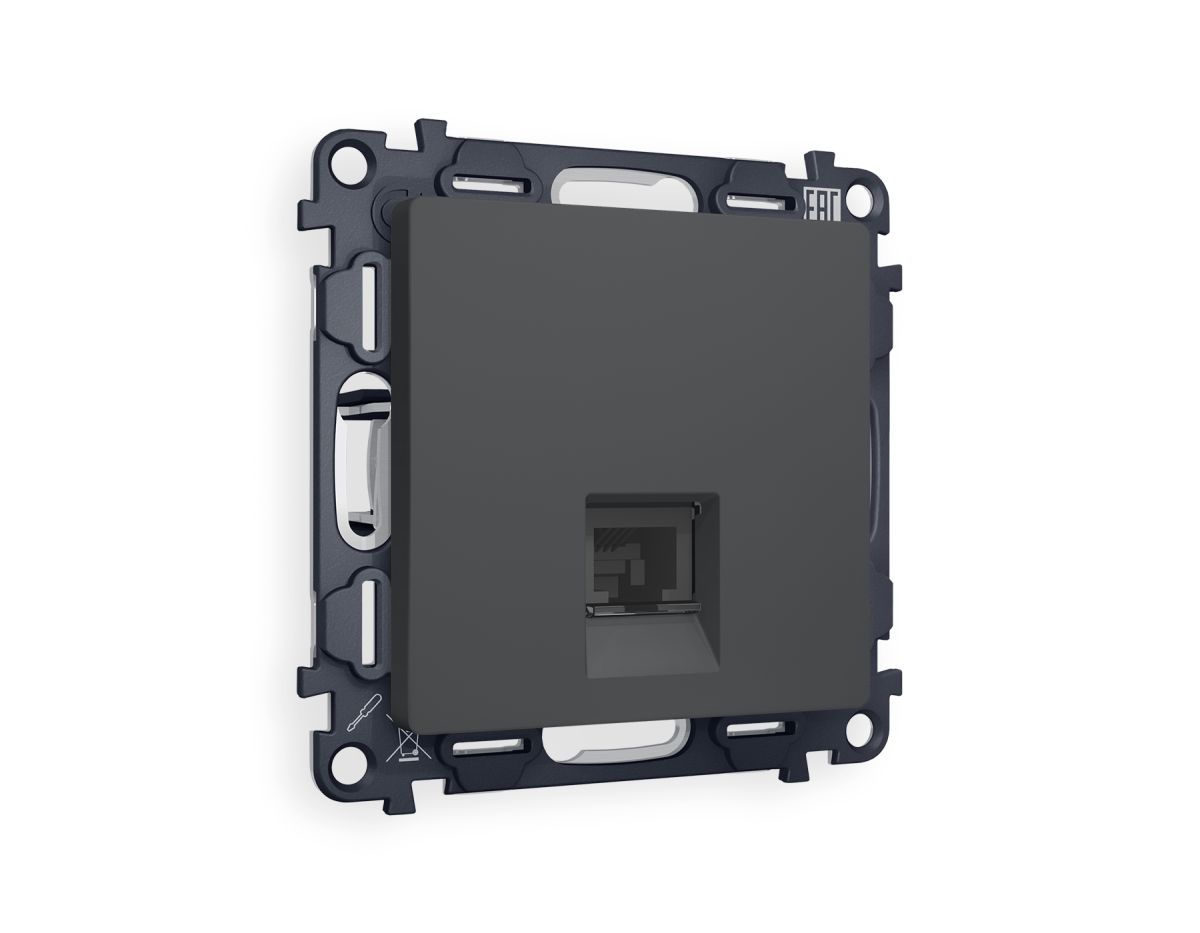 Комплект мех-ма компьютерной розетки RJ-45 экранированной с автоматической защитной шторкой Alfa Графит мягкое касание Quant Ambrella Volt MA912005 (AP9120, VM185) в #REGION_NAME_DECLINE_PP#