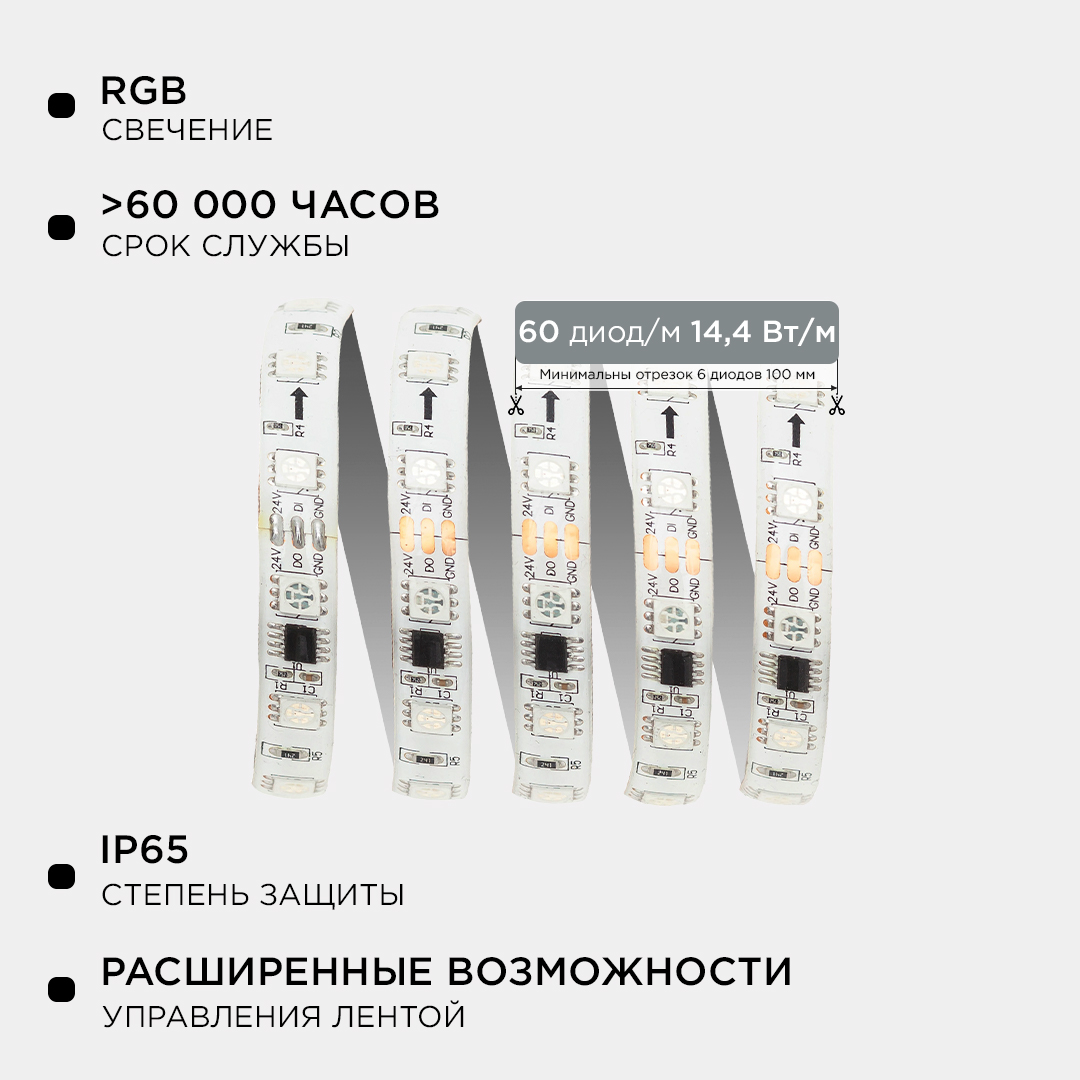 Комплект адресной светодиодной ленты Apeyron 24В 14,4Вт/м smd5050 60д/м IP65 10м RGB (адаптер питания, контроллер)  10-100 в Санкт-Петербурге