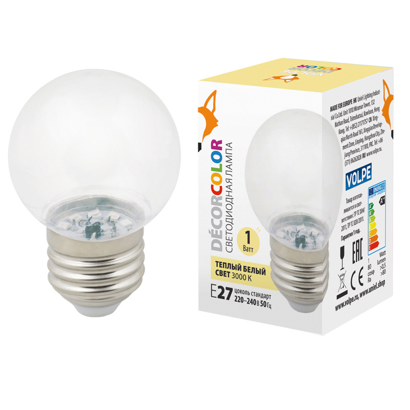 Лампа декоративная светодиодная (UL-00005807) Volpe E27 1W 3000K прозрачная LED-G45-1W/3000K/E27/CL/С в Санкт-Петербурге