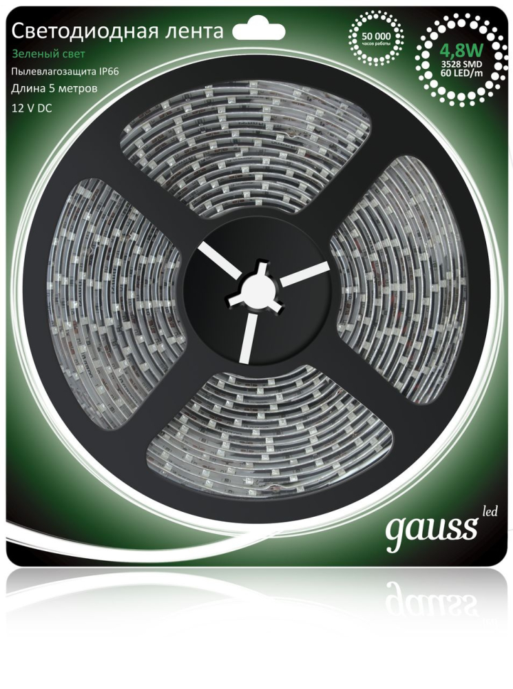 Светодиодная влагозащищенная лента Gauss 4,8W/m 60LED/m 2835SMD зеленый 5M EB311000605 в Санкт-Петербурге