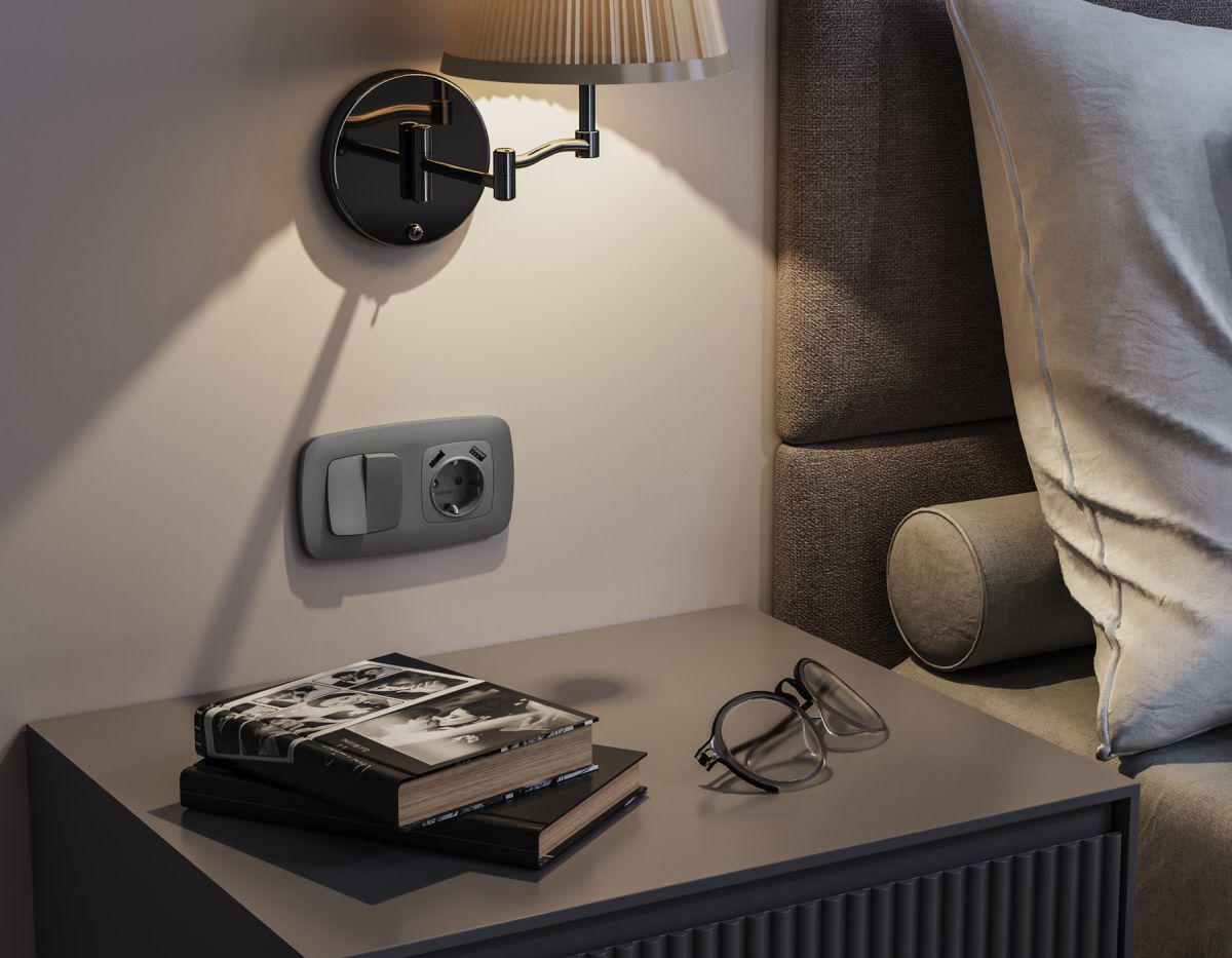 Комплект механизма 2-клавишного перекрестного выключателя Ambrella Volt 10A-250V OMEGA MO653030 Антрацит серый QUANT (OP6530, VM125) в Санкт-Петербурге