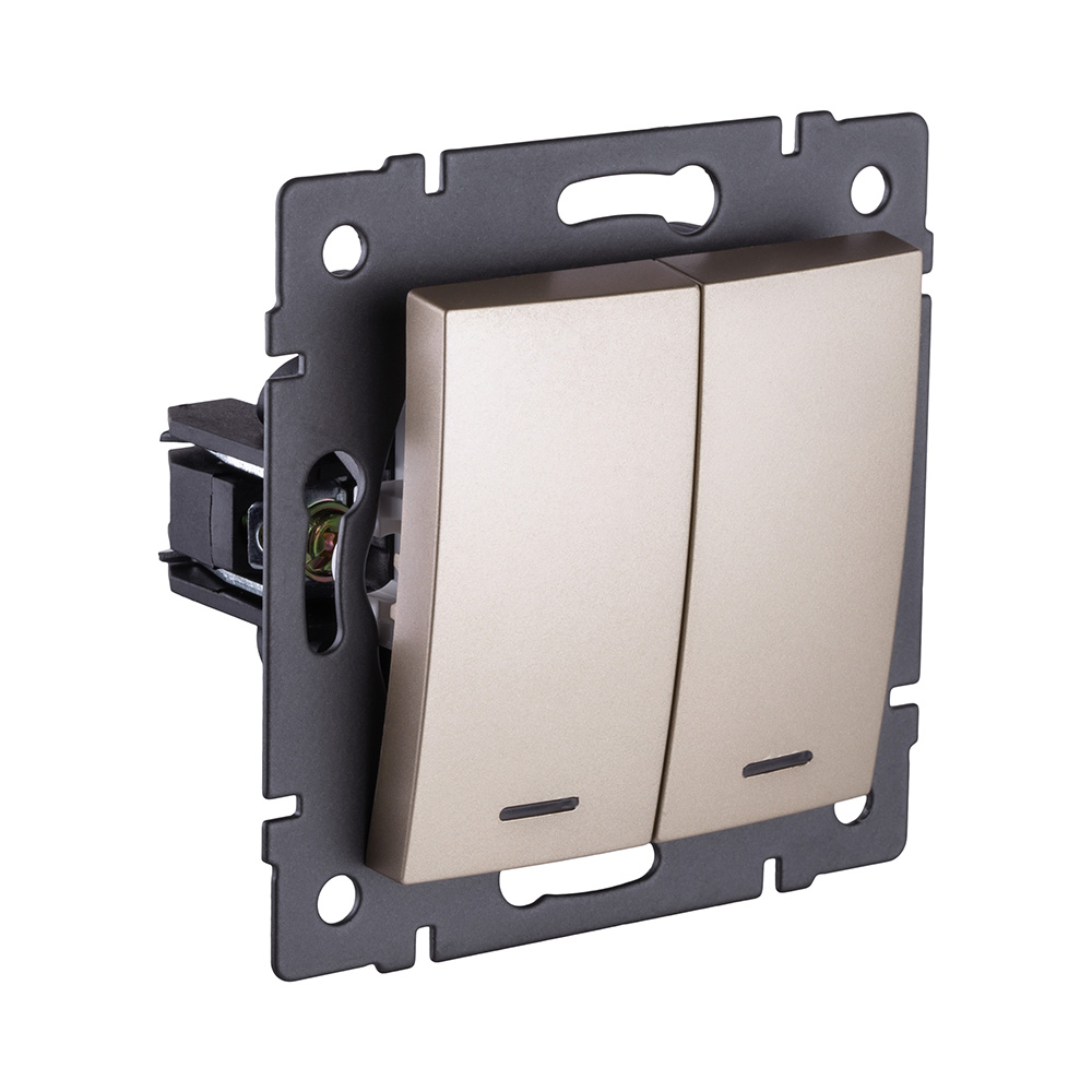 Выключатель кнопочный 2-клавишный 10А/250В с LED подсветкой, изогнутый, золотой Kollinger REA-R-014GD для Aspekt, Eleganz, Reflex в Санкт-Петербурге