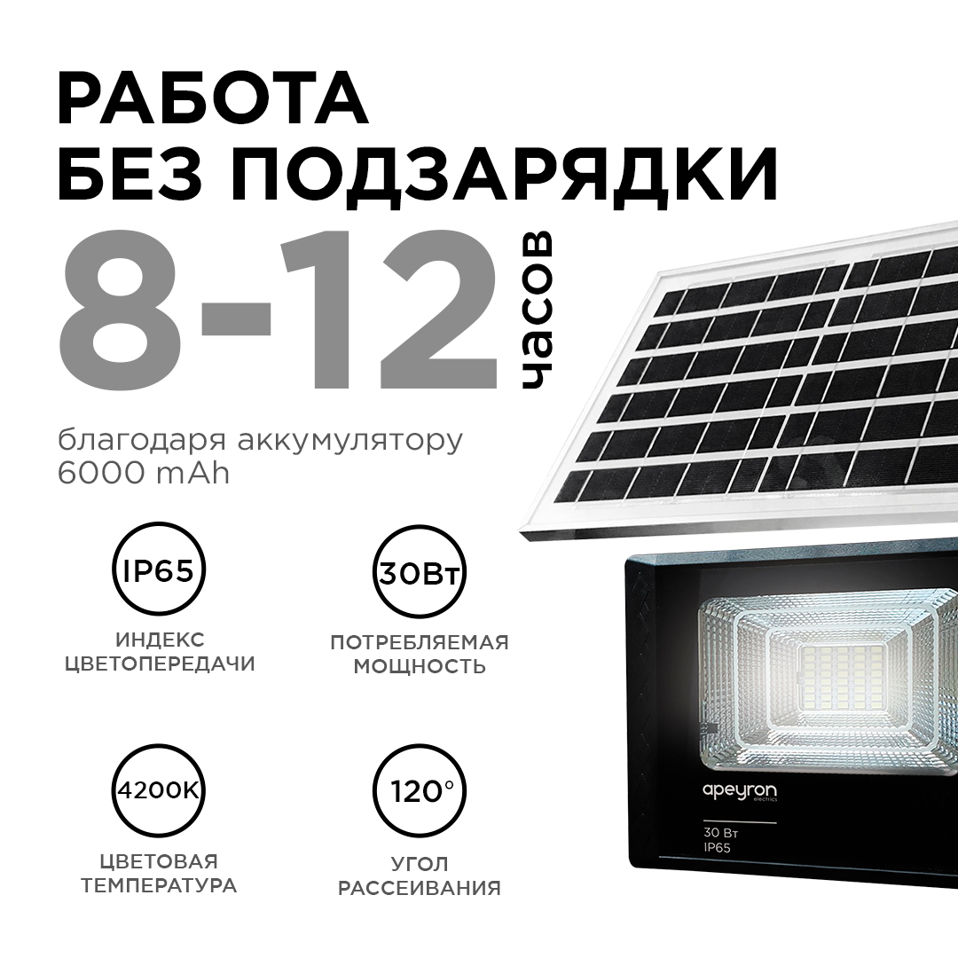 Прожектор c солнечной панелью Apeyron батарея 6000МА (3.2 В, 6Aчас) 05-34 в Санкт-Петербурге