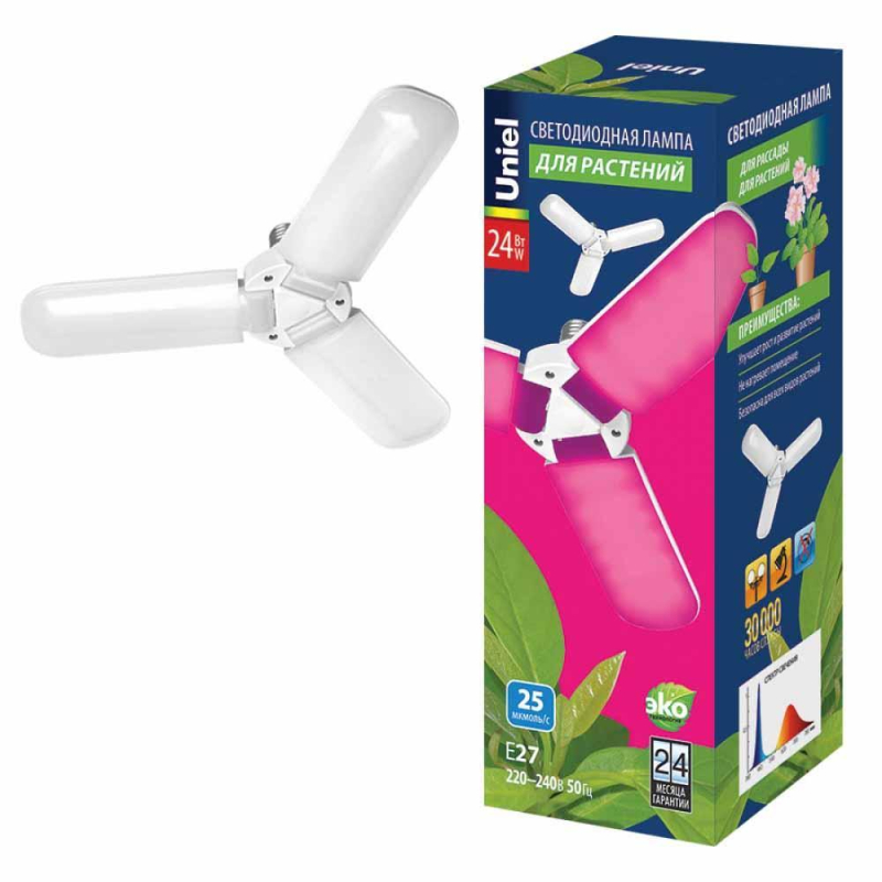 Лампа светодиодная для растений (UL-00007407) Uniel E27 24W матовая LED-P65-24W/SPSB/E27/FR/P3 PLP32WH в Санкт-Петербурге