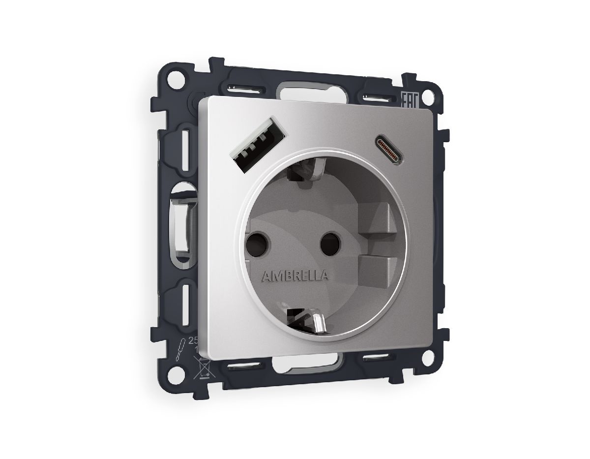 Комплект механизма розетки 2USB A+C 20W (быстрая зарядка) с/з Ambrella Volt Alfa MA510010 в Санкт-Петербурге
