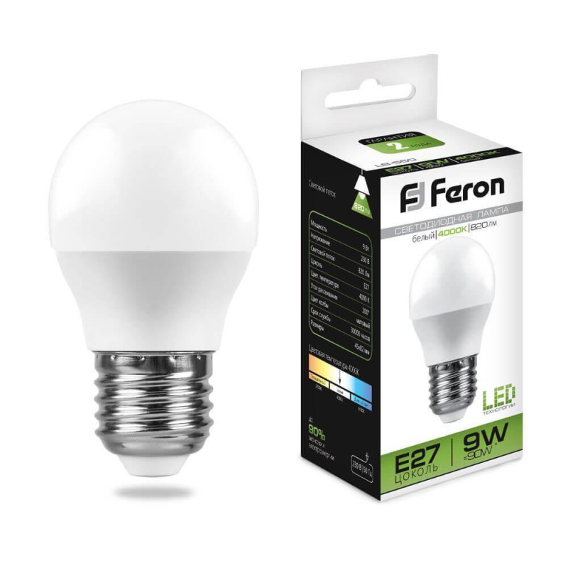 Лампа светодиодная Feron E27 9W 4000K Шар Матовая LB-550 25805 в #REGION_NAME_DECLINE_PP#