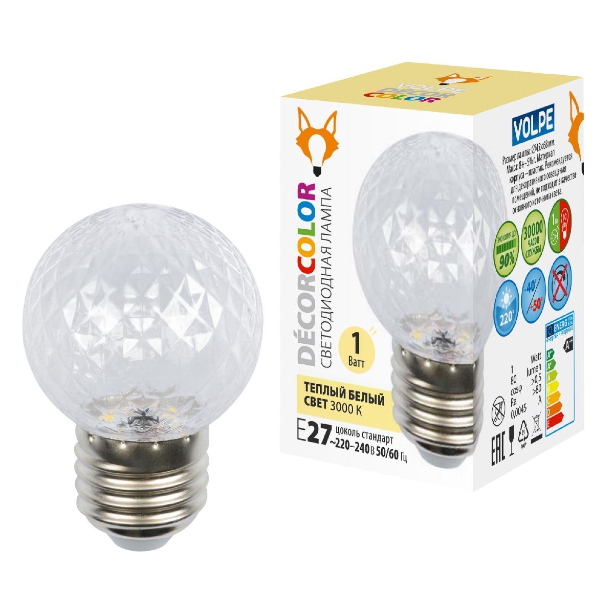 Лампа светодиодная Volpe Decor color LED-D45-1W/3000K/E27/CL/С PINEAPPLE UL-00010064 в Санкт-Петербурге