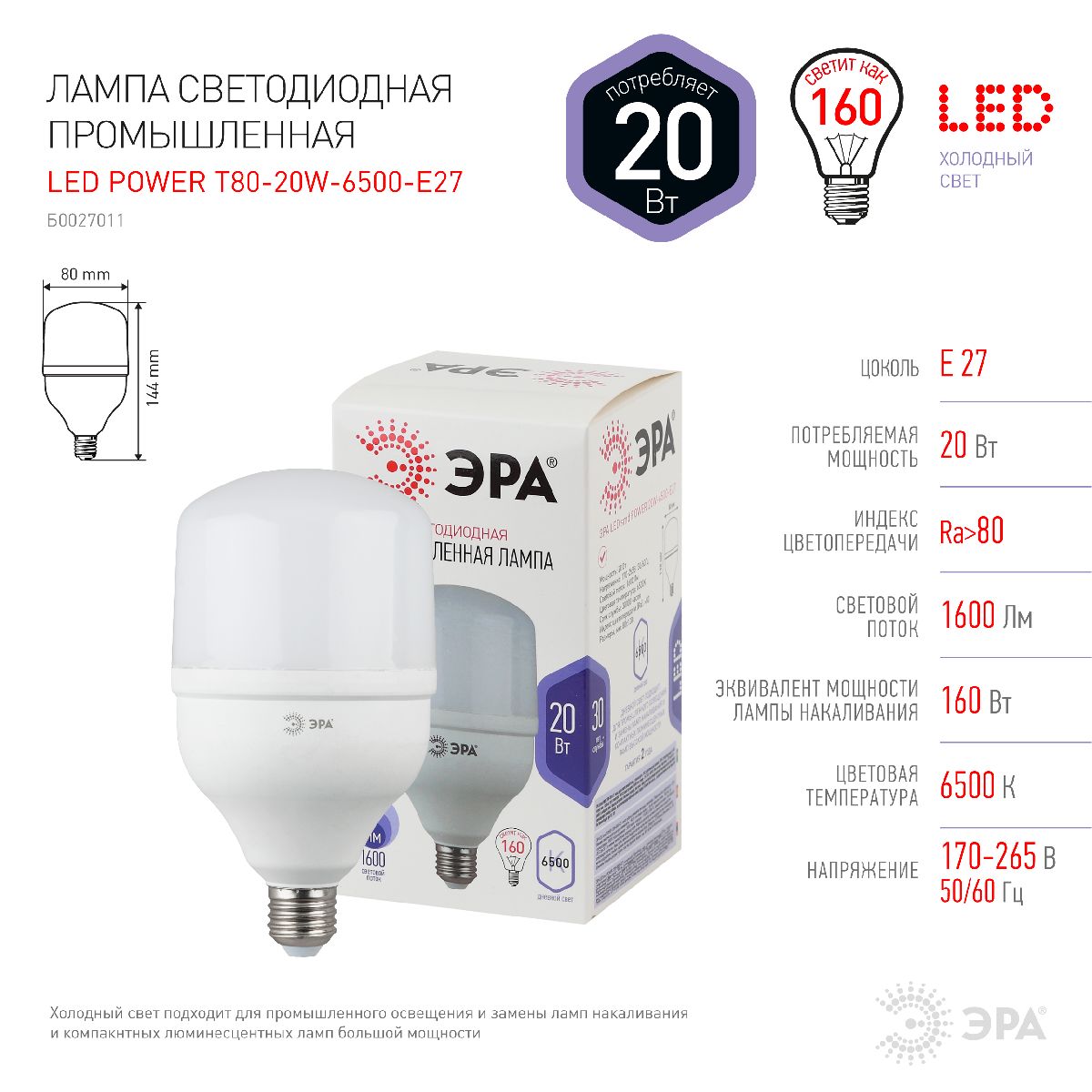 Лампа светодиодная Эра E27 20W 6500K LED POWER T80-20W-6500-E27 Б0027011 в Санкт-Петербурге