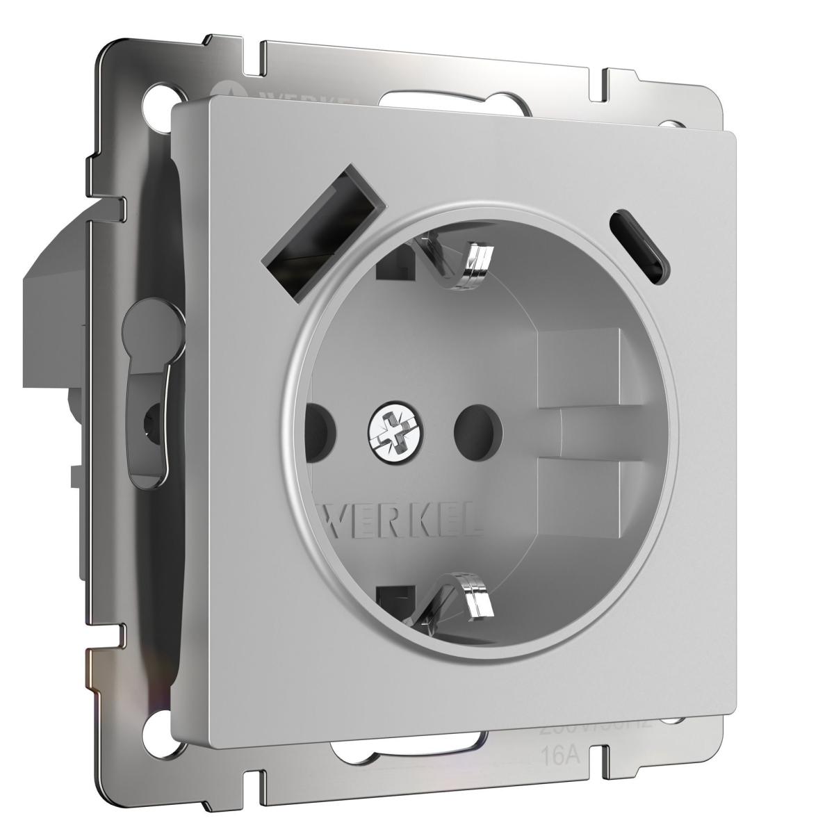 Розетка Werkel Розетка с заземлением, шторками и USB тип A+C (серебряный) W1171706 4690389206870 a067703 в Санкт-Петербурге