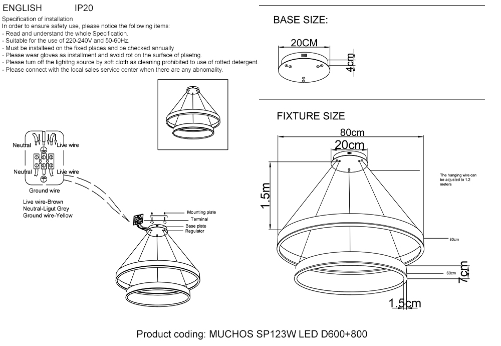 Подвесной светодиодный светильник Crystal Lux MUCHOS SP123W LED D600+800 GOLD в Санкт-Петербурге