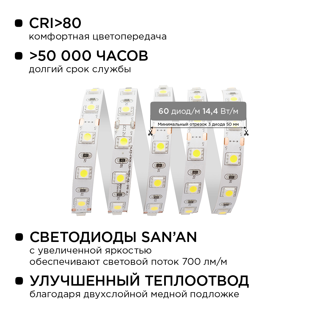 Комплект светодиодной ленты Apeyron 12В 144Вт/м smd 5050 60 д/м IP20 1м 6500К (блок, коннектор) 10-67 в Санкт-Петербурге