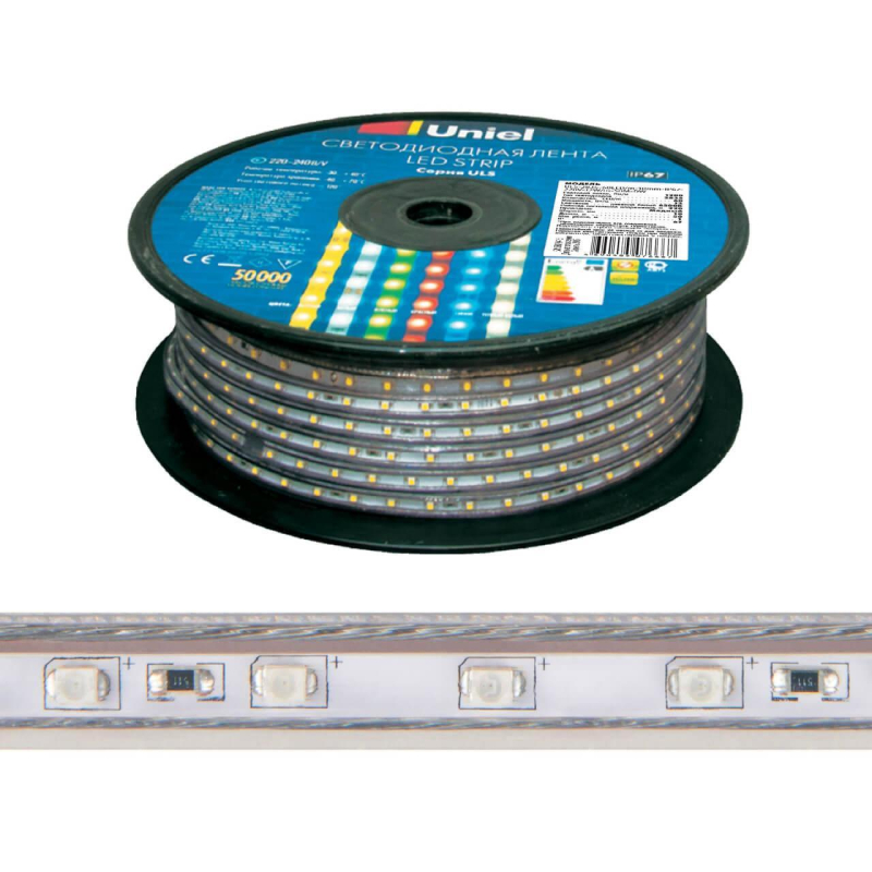 Светодиодная влагозащищенная лента Uniel (UL-00006481) 10W/m 120LED/m 2835SMD белый 50M ULS-2835-120LED/m-10mm-IP67-220V-10W/m-50M-4000K в #REGION_NAME_DECLINE_PP#
