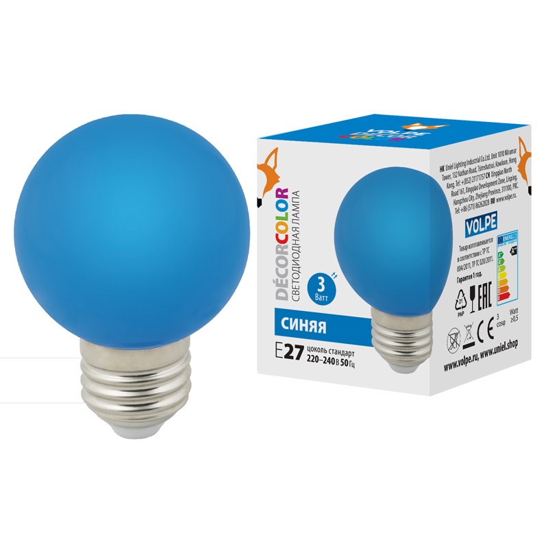 Лампа светодиодная Volpe E27 3W синий шар LED-G60-3W/Blue/E27/FR/С UL-00006957 в #REGION_NAME_DECLINE_PP#