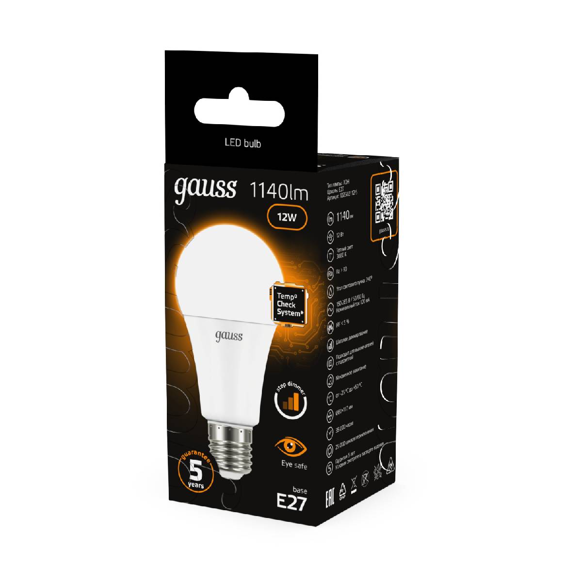 Лампа светодиодная диммируемая Gauss E27 12W 3000K груша матовая 102502112-S в Санкт-Петербурге