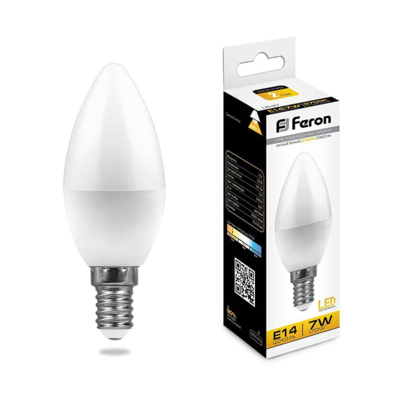 Лампа светодиодная Feron E14 7W 2700K Свеча Матовая LB-97 25475 в Санкт-Петербурге