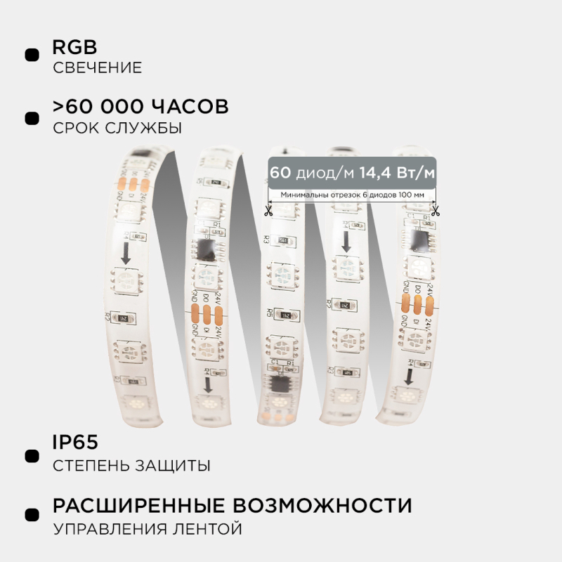 Комплект адресной светодиодной ленты Apeyron 24В 14,4Вт/м smd5050 60д/м IP65 2м RGB (адаптер питания, контроллер) 10-95 в #REGION_NAME_DECLINE_PP#