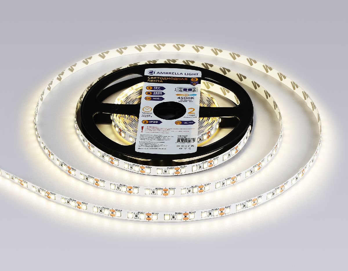 Светодиодная лента Ambrella Light LED Strip 12В 2835 9,6Вт/м 4500K 5м IP20 GS1102 в Санкт-Петербурге