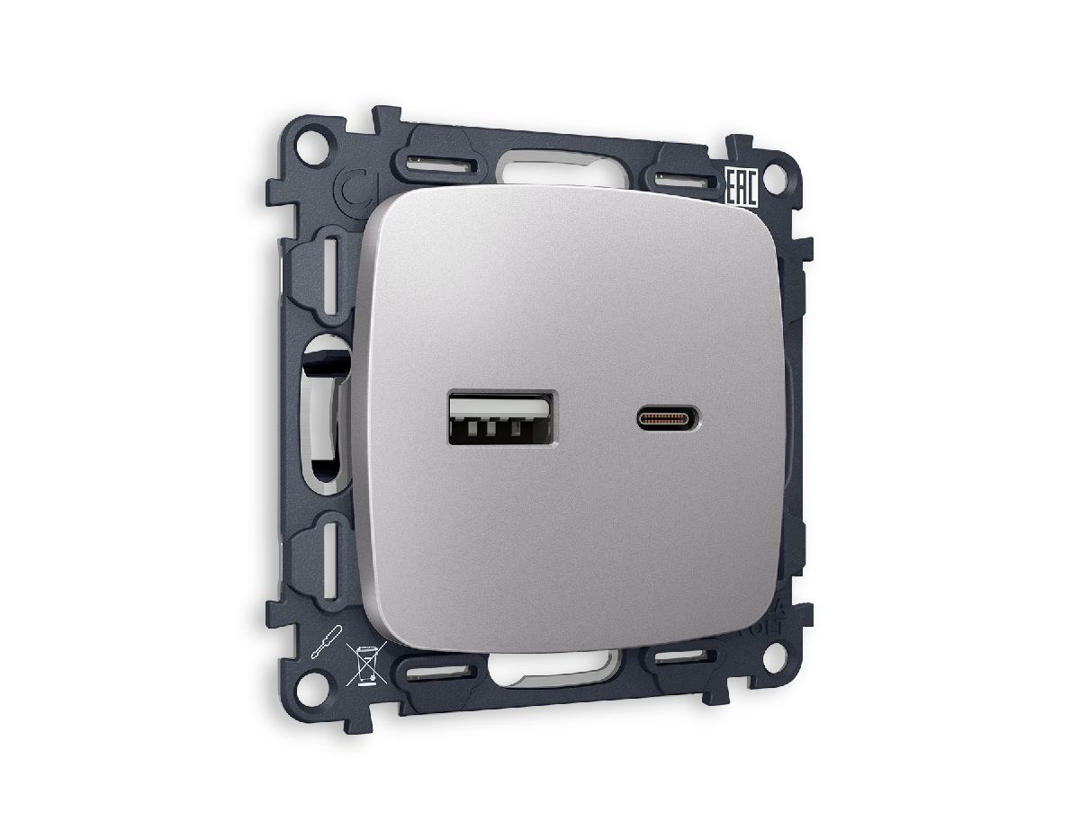 Комплект механизма розетки 2USB A+C 20W 3000mA (быстрая зарядка) Ambrella Volt Omega MO511010 в Санкт-Петербурге