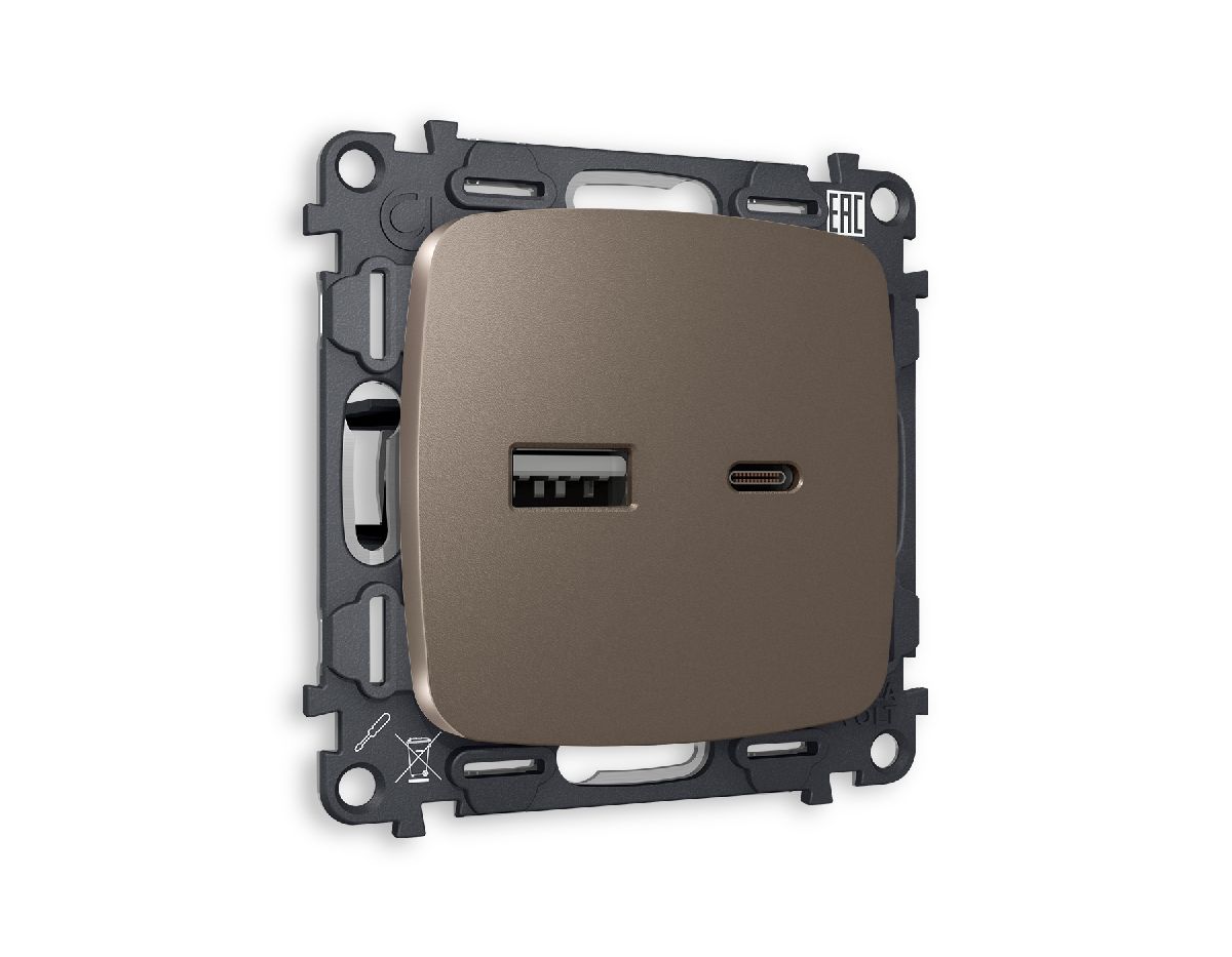 Комплект механизма розетки 2USB A+C 20W (быстрая зарядка) Ambrella Volt Omega MO641010 в Санкт-Петербурге