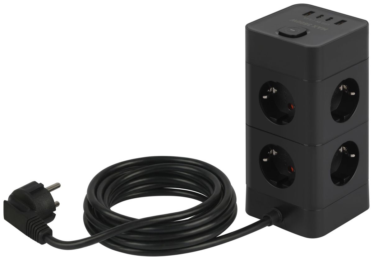 Сетевой фильтр ЭРА TWR-8es-1,5m-4USB-B башня с защитой заземлением с выключателем 8 розеток+4xUSBA+C 1,5м 16А черный Б0069072 в Санкт-Петербурге