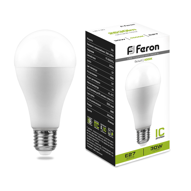 Лампа светодиодная Feron E27 30W 4000K груша матовая LB-130 38195 в Санкт-Петербурге