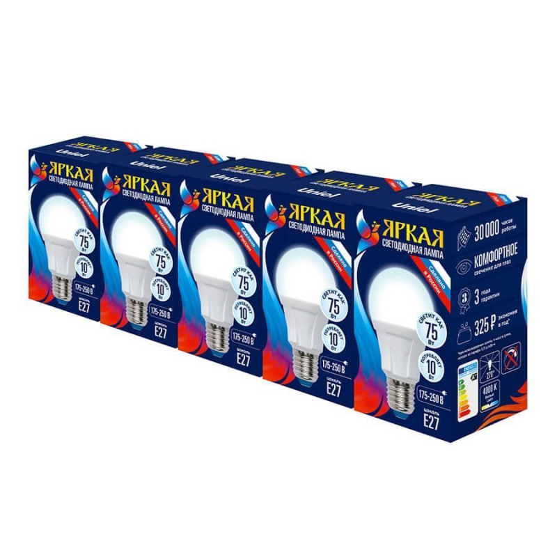 Лампа светодиодная Uniel E27 10W 4000K груша матовая LED-A60 10W/NW/E27/FR PLP01WH Набор из 5штук UL-00008086 в Санкт-Петербурге