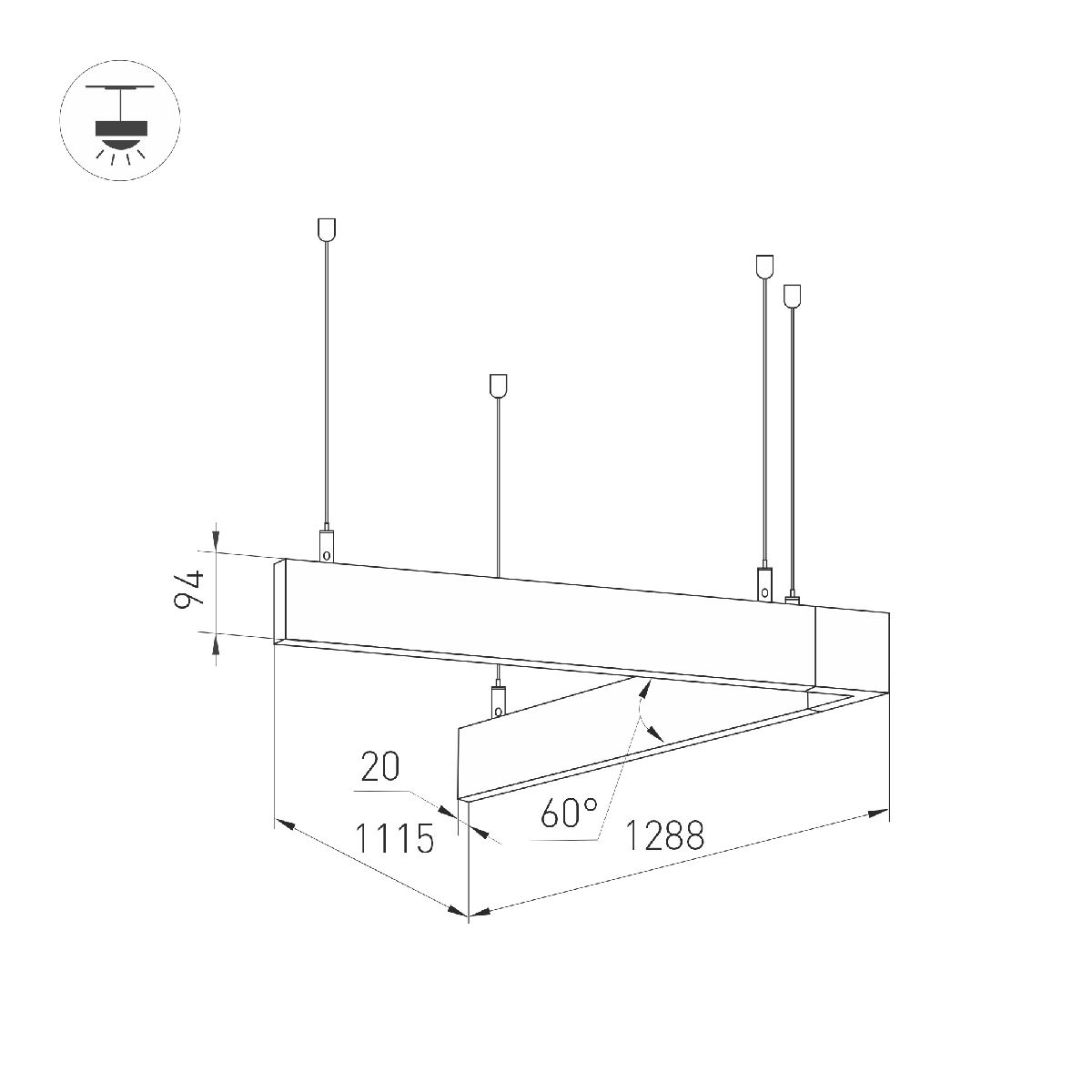 Подвесной светильник Arlight ALT-LINEAIR-ANGLE-60-FLAT-UPDOWN-DIM-1290x1115-85W Warm3000 040637 в Санкт-Петербурге