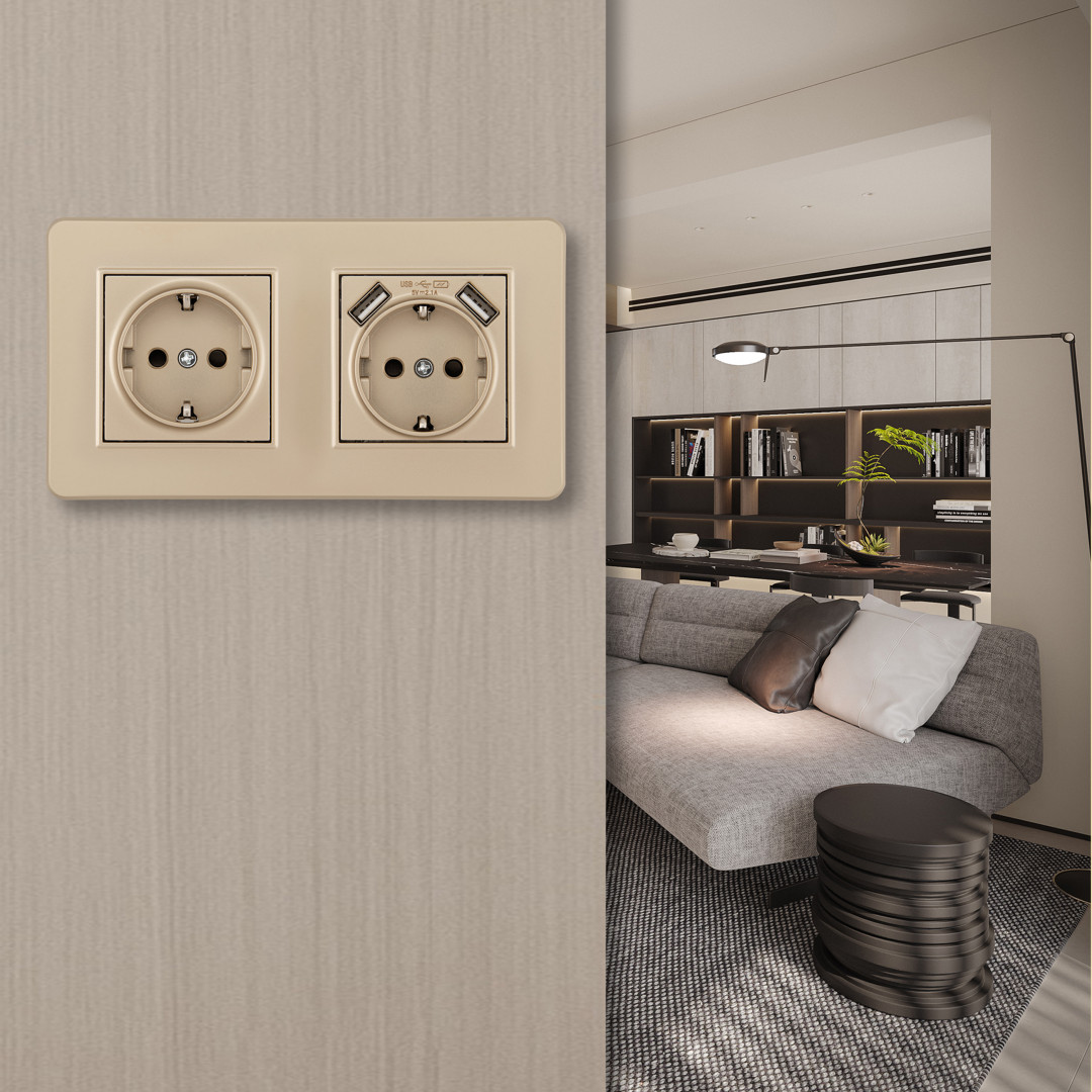Розетка двойная (двухпостовая) с/з и шторками + USB Arte Milano SET16-2-47-1-40-1 shampan в Санкт-Петербурге