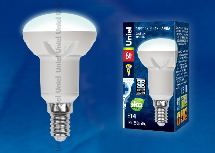 Лампа светодиодная рефлекторная (UL-00000938) Uniel E14 6W 4500K матовая LED-R50-6W/NW/E14/FR PLP01WH в Санкт-Петербурге