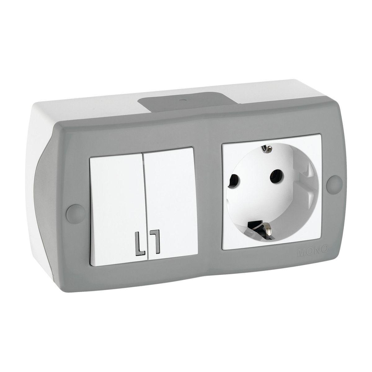 Выключатель двухклавишный + розетка с заземлением Mono Electric Octans IP20 10А 250В бело-серый 104-020001-181 в Санкт-Петербурге