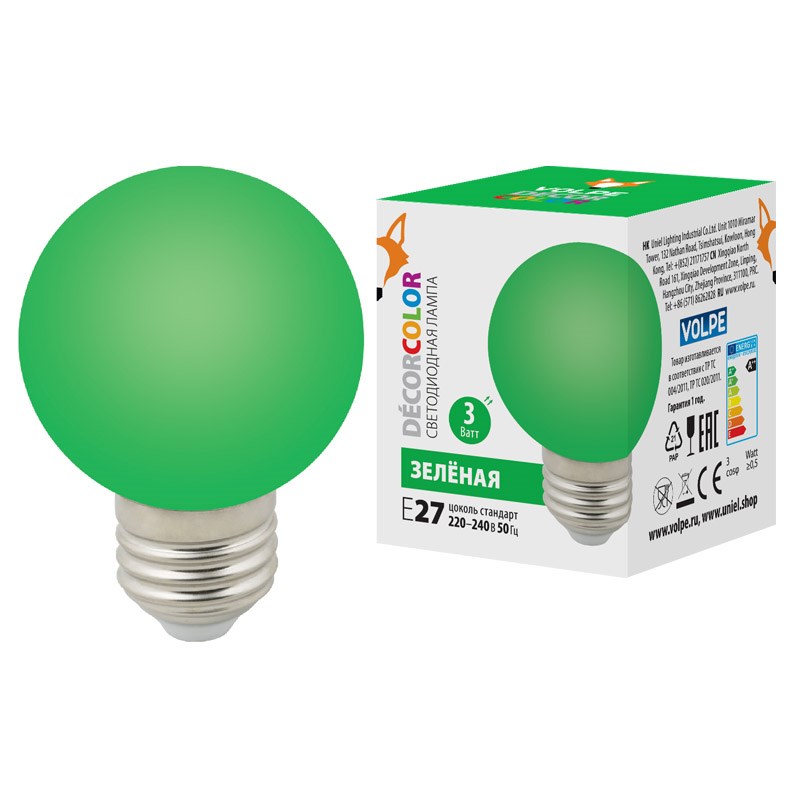 Лампа светодиодная Volpe E27 3W зеленая LED-G60-3W/Green/E27/FR/С UL-00006958 в Санкт-Петербурге