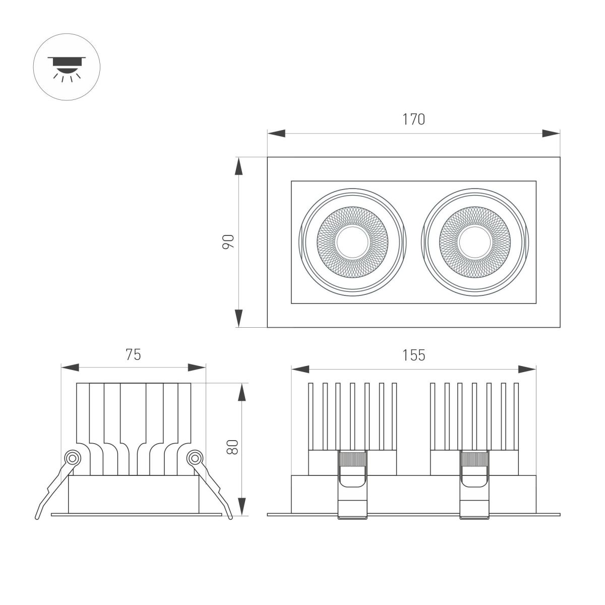 Встраиваемый светильник Arlight MS-VORTEX-BUILT-S170x90-2x12W Warm3000 (BK-BK, 20 deg, 230V) 058436 в Санкт-Петербурге