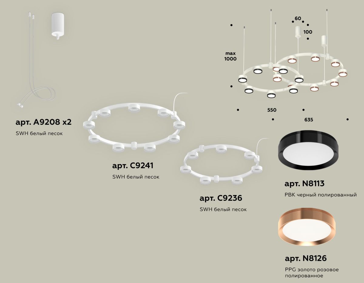 Комплект подвесного светильника Ambrella Light Techno Ring XR92081210 (A9208x2, C9241,C9236,N8113,N8126) в Санкт-Петербурге