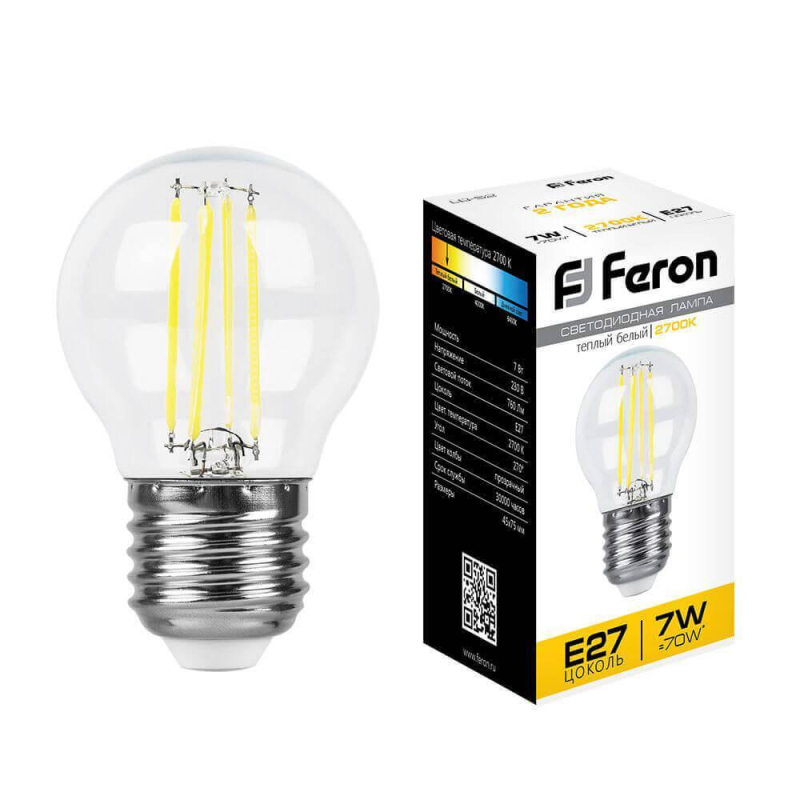 Лампа светодиодная филаментная Feron E27 7W 2700K Шар Прозрачная LB-52 25876 в Санкт-Петербурге