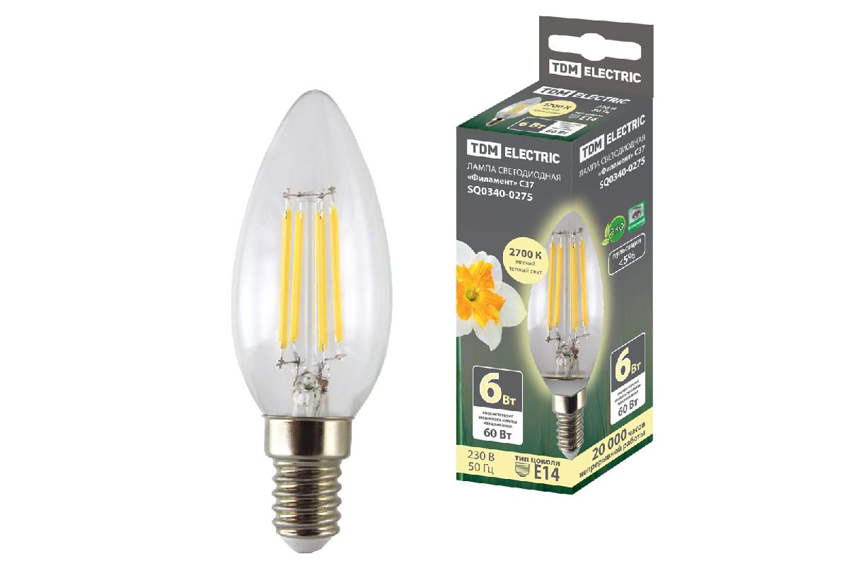 Лампа светодиодная филаментная TDM Electric Е14 6W 2700K прозрачная SQ0340-0275 в Санкт-Петербурге