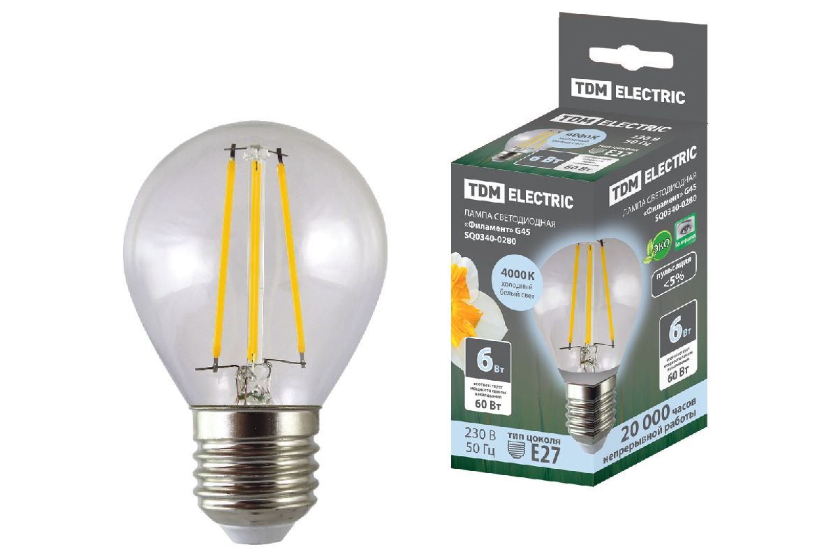 Лампа светодиодная филаментная TDM Electric E27 6W 4000K прозрачная SQ0340-0280 в Санкт-Петербурге