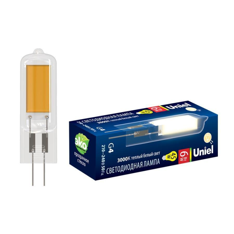 Лампа светодиодная Uniel (UL-00005065) G4 6W 3000K колба прозрачная LED-JC-220/6W/3000K/G4/CL GLZ08TR в Санкт-Петербурге