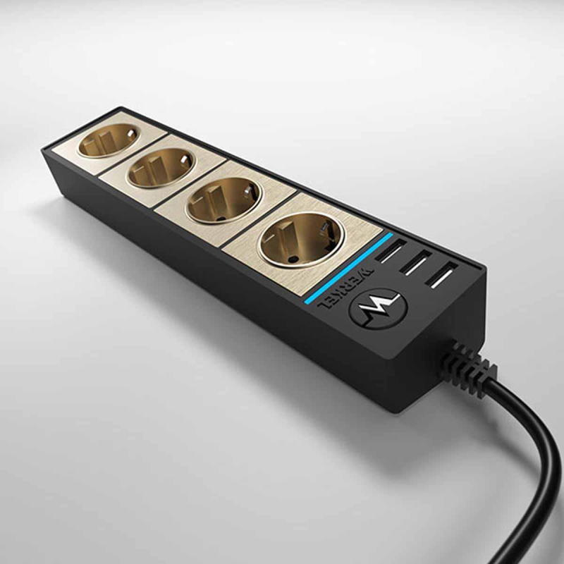 Розеточный блок Werkel 4-х местный + 3 USB черный/шампань W6514944 4690389163746 в Санкт-Петербурге