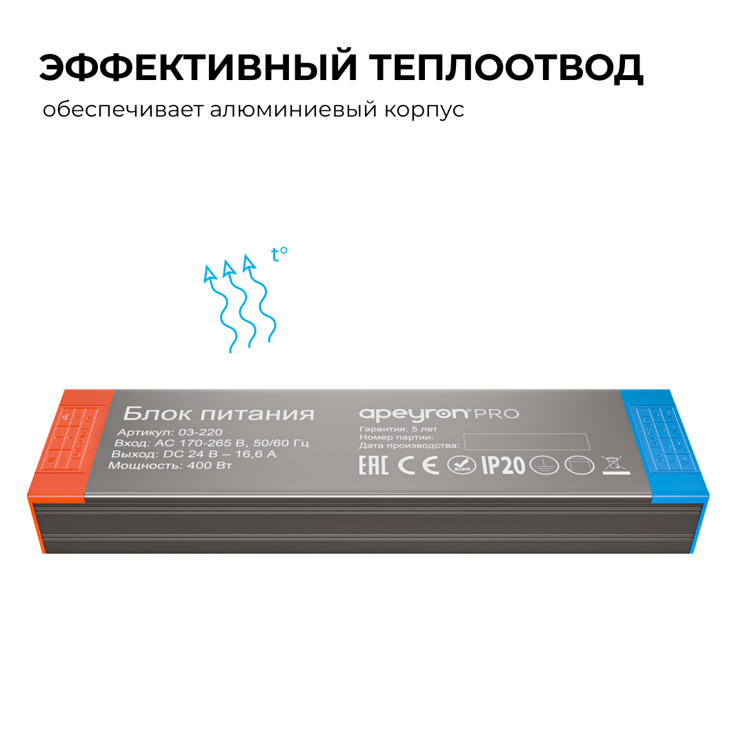 Блок питания Apeyron PRO 24В, 400Вт, 170-265В, 16,6А, IP20 03-220 в Санкт-Петербурге