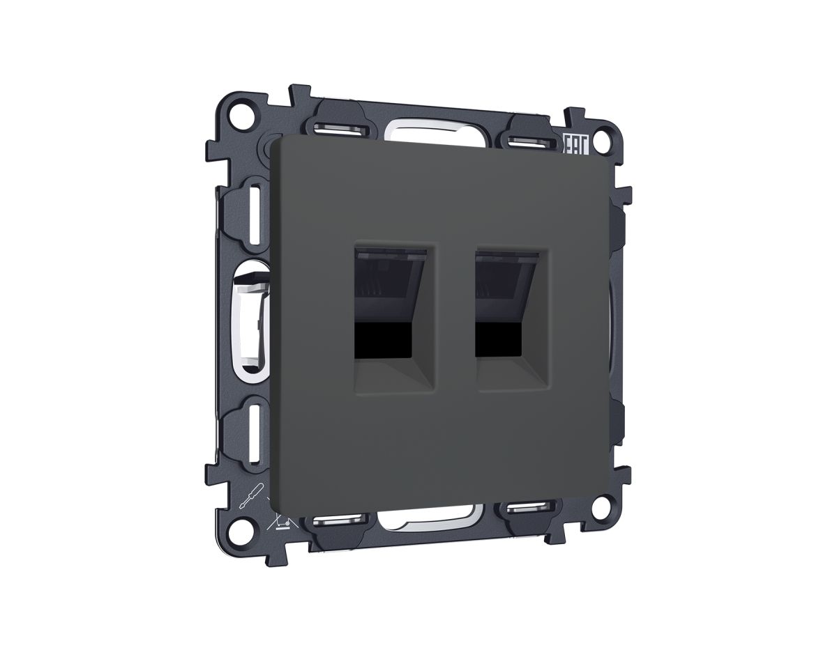 Комплект механизма компьютерной двойной розетки RJ-45 с автоматической защитной шторкой Alfa Графит мягкое касание Quant Ambrella Volt MA912110 (AP9121, VM189) в #REGION_NAME_DECLINE_PP#